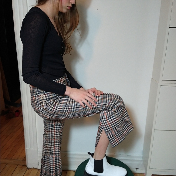 Contemporary Cropped Plaid pants size 4  versatile both casual or chic cream - Picture 6 of 11